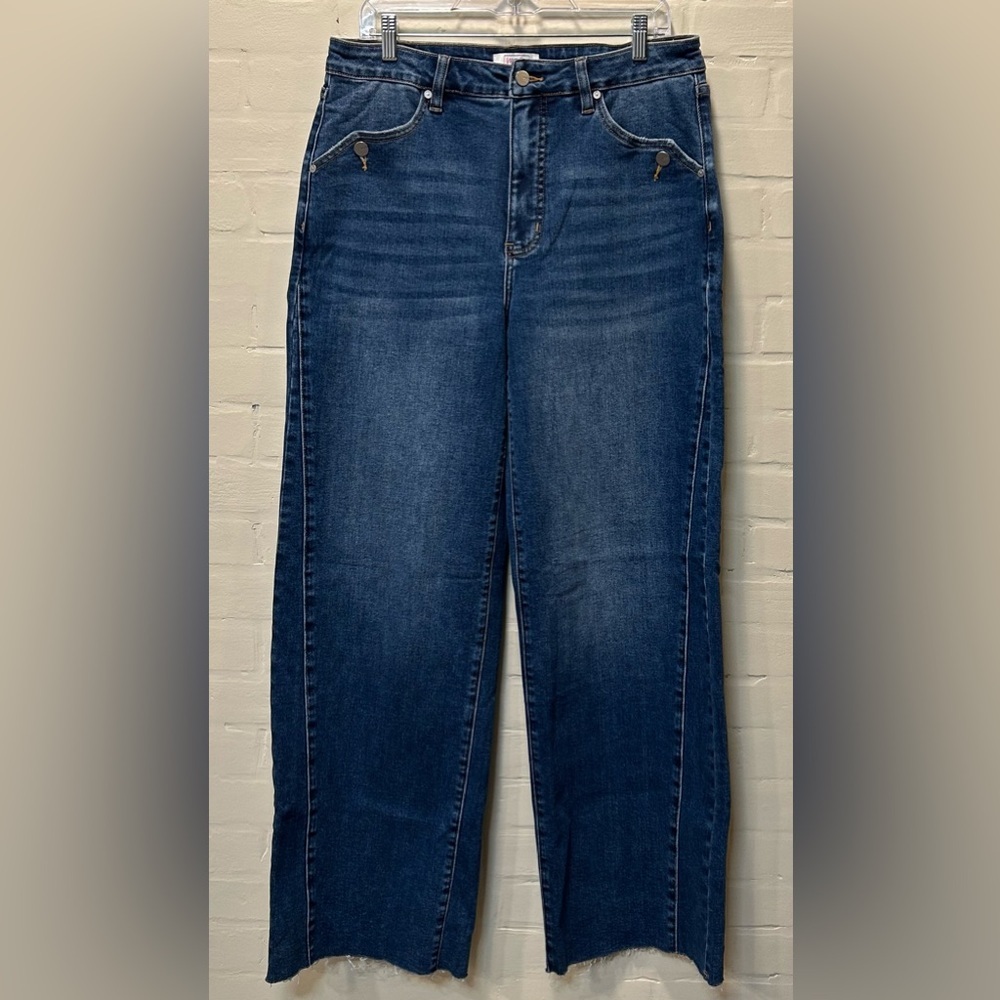 MoCo Boutique High-Rise Straight Wide Leg Jeans Raw Hem Cropped Denim Size 15/32